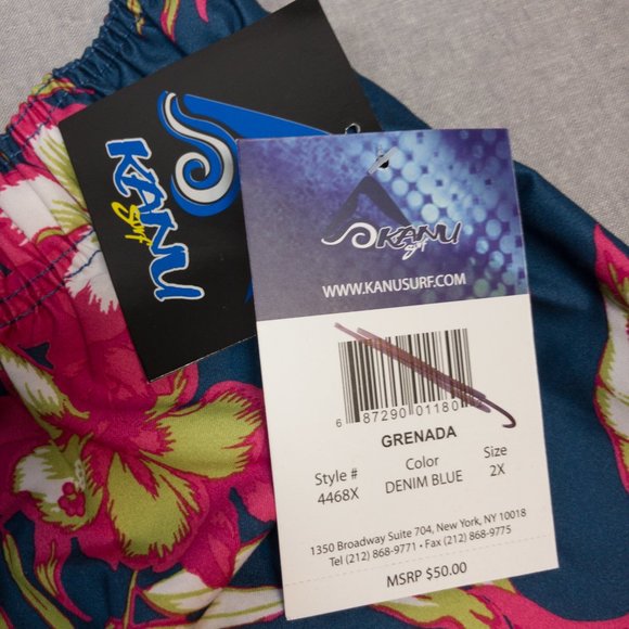 Denim Blue Tropical Floral Print Swim Trunks XXL - Picture 4 of 7